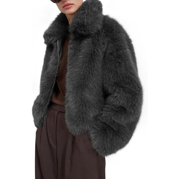 Women's Cropped Faux Fur Jacket Shaggy Lapel Zip Up Winter Coats Fuzzy Grey - Picture 2 of 6